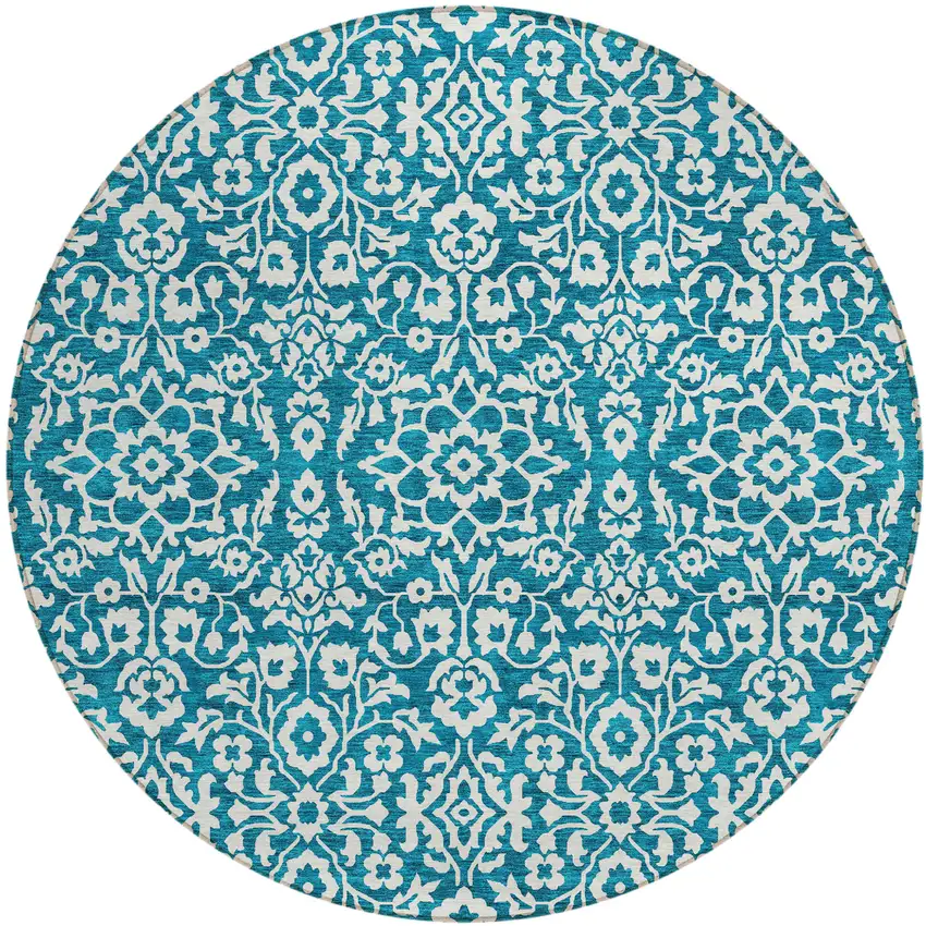 8' Teal Blue And Ivory Round Damask Washable Indoor Outdoor Area Rug Photo 2