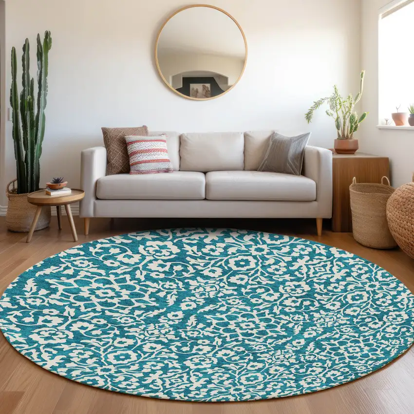8' Teal Blue And Ivory Round Damask Washable Indoor Outdoor Area Rug Photo 7
