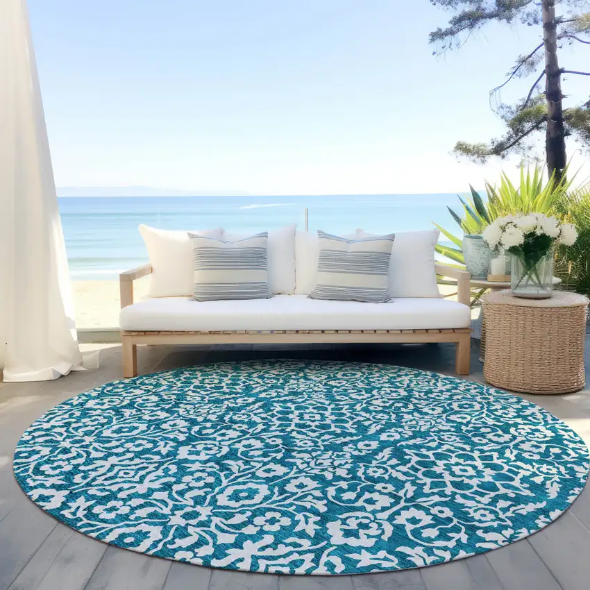 8' Teal Blue And Ivory Round Damask Washable Indoor Outdoor Area Rug Photo 6