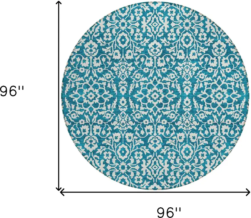 8' Teal Blue And Ivory Round Damask Washable Indoor Outdoor Area Rug Photo 3