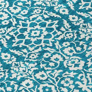 Photo of 8' Teal Blue And Ivory Round Damask Washable Indoor Outdoor Area Rug