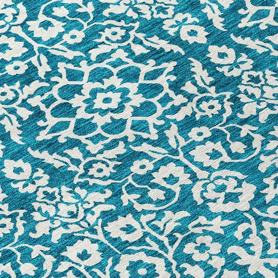 8' Teal Blue And Ivory Round Damask Washable Indoor Outdoor Area Rug Photo 8
