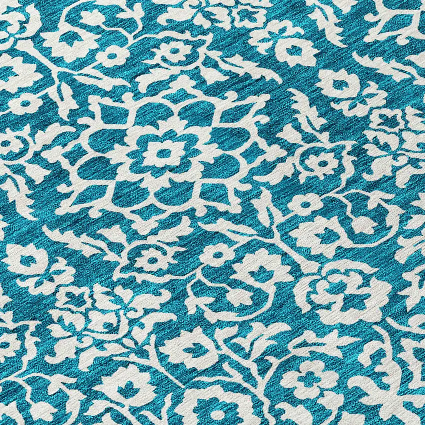 8' Teal Blue And Ivory Round Damask Washable Indoor Outdoor Area Rug Photo 8