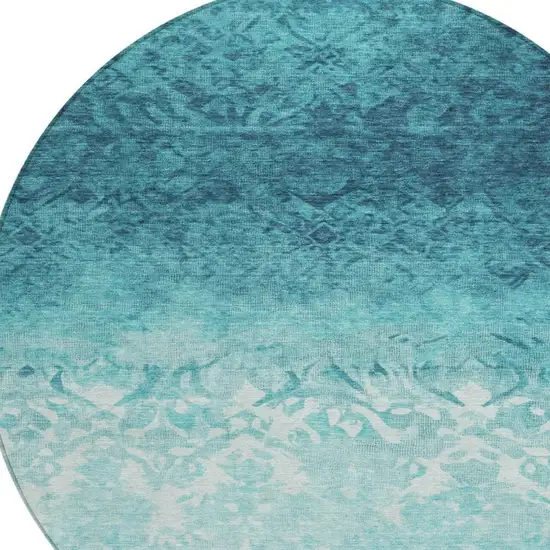 8' Teal Blue And Ivory Round Damask Washable Indoor Outdoor Area Rug Photo 4