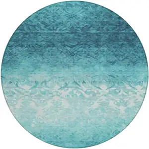 Photo of 8' Teal Blue And Ivory Round Damask Washable Indoor Outdoor Area Rug