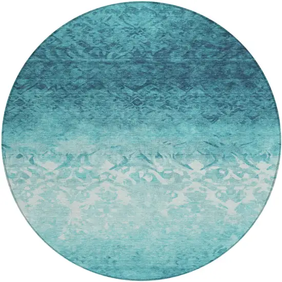 8' Teal Blue And Ivory Round Damask Washable Indoor Outdoor Area Rug Photo 1