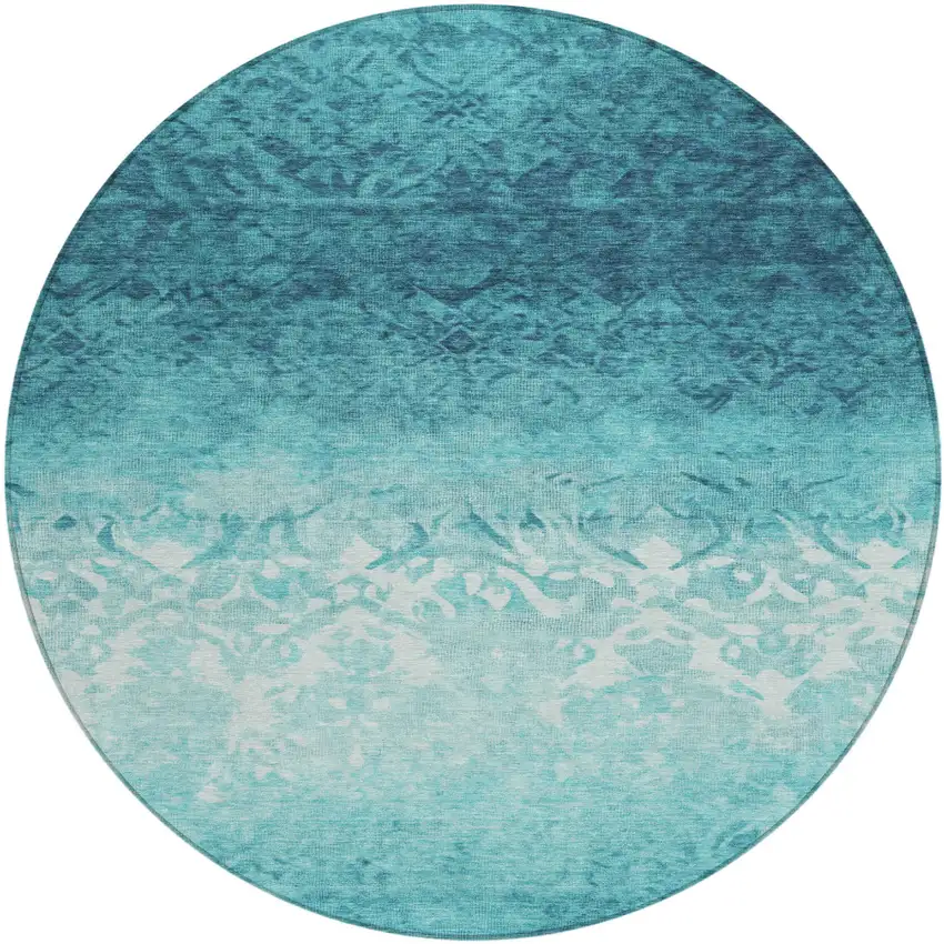 8' Teal Blue And Ivory Round Damask Washable Indoor Outdoor Area Rug Photo 1