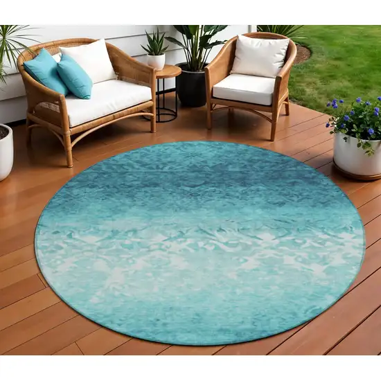 8' Teal Blue And Ivory Round Damask Washable Indoor Outdoor Area Rug Photo 2