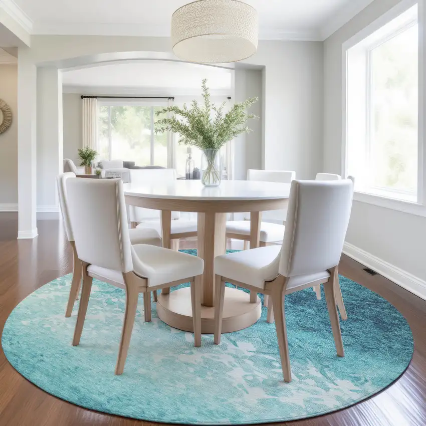 8' Teal Blue And Ivory Round Damask Washable Indoor Outdoor Area Rug Photo 6