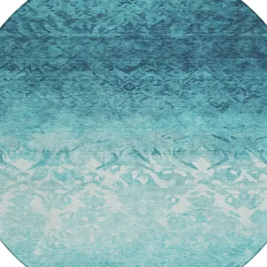 8' Teal Blue And Ivory Round Damask Washable Indoor Outdoor Area Rug Photo 8