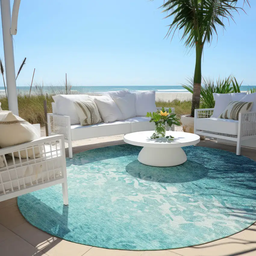 8' Teal Blue And Ivory Round Damask Washable Indoor Outdoor Area Rug Photo 5