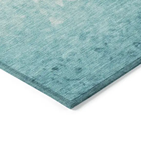 8' Teal Blue And Ivory Round Damask Washable Indoor Outdoor Area Rug Photo 7