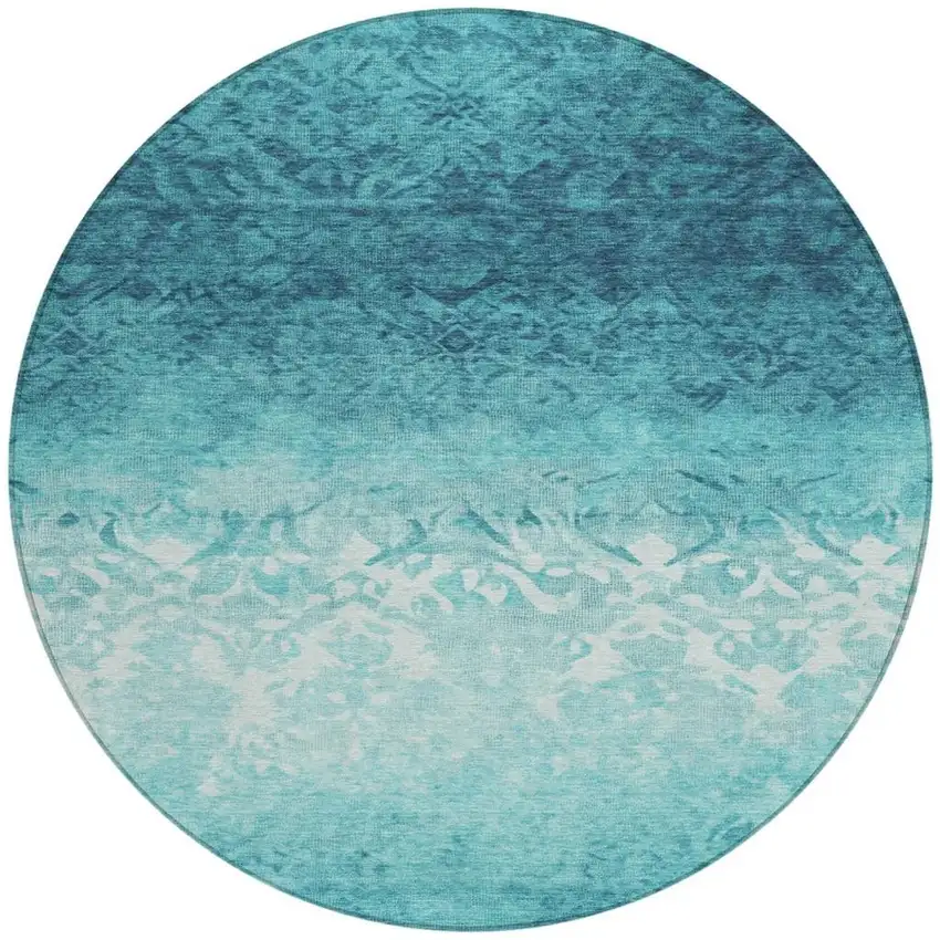 8' Teal Blue And Ivory Round Damask Washable Indoor Outdoor Area Rug Photo 3