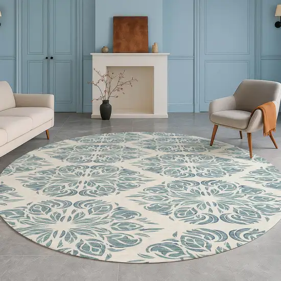8' Teal Blue And Ivory Round Damask Washable Indoor Outdoor Area Rug Photo 5
