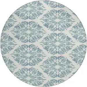 Photo of 8' Teal Blue And Ivory Round Damask Washable Indoor Outdoor Area Rug