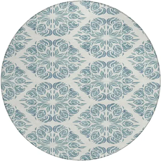 8' Teal Blue And Ivory Round Damask Washable Indoor Outdoor Area Rug Photo 1