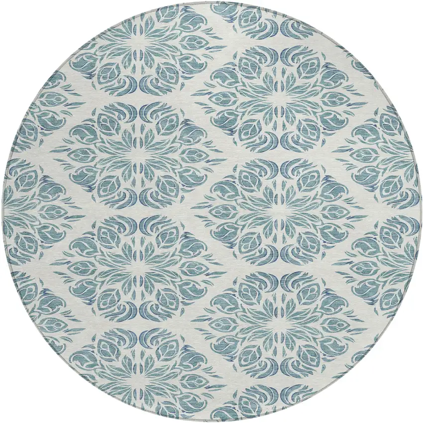 8' Teal Blue And Ivory Round Damask Washable Indoor Outdoor Area Rug Photo 1