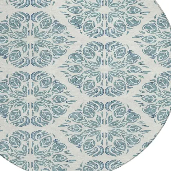 8' Teal Blue And Ivory Round Damask Washable Indoor Outdoor Area Rug Photo 2