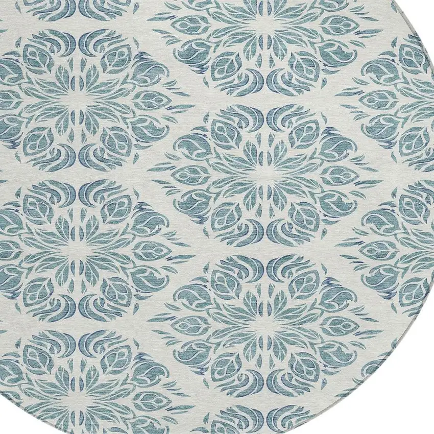 8' Teal Blue And Ivory Round Damask Washable Indoor Outdoor Area Rug Photo 2