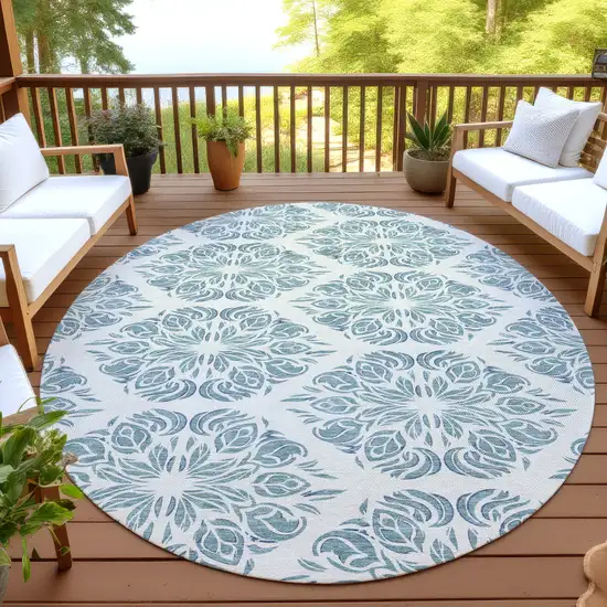 8' Teal Blue And Ivory Round Damask Washable Indoor Outdoor Area Rug Photo 4