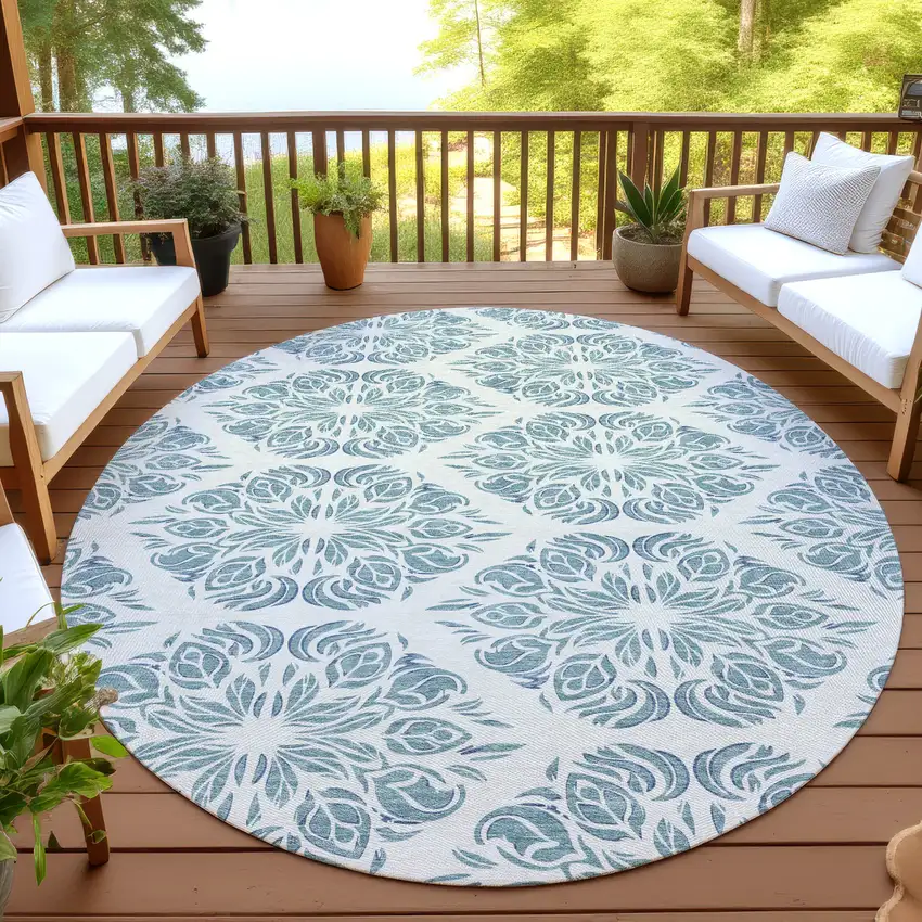 8' Teal Blue And Ivory Round Damask Washable Indoor Outdoor Area Rug Photo 4