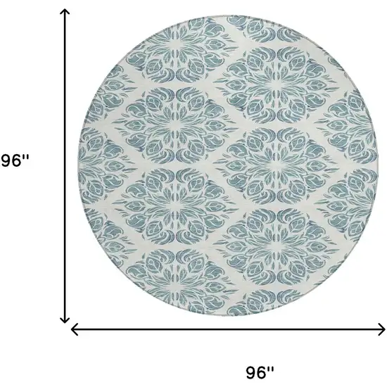 8' Teal Blue And Ivory Round Damask Washable Indoor Outdoor Area Rug Photo 8