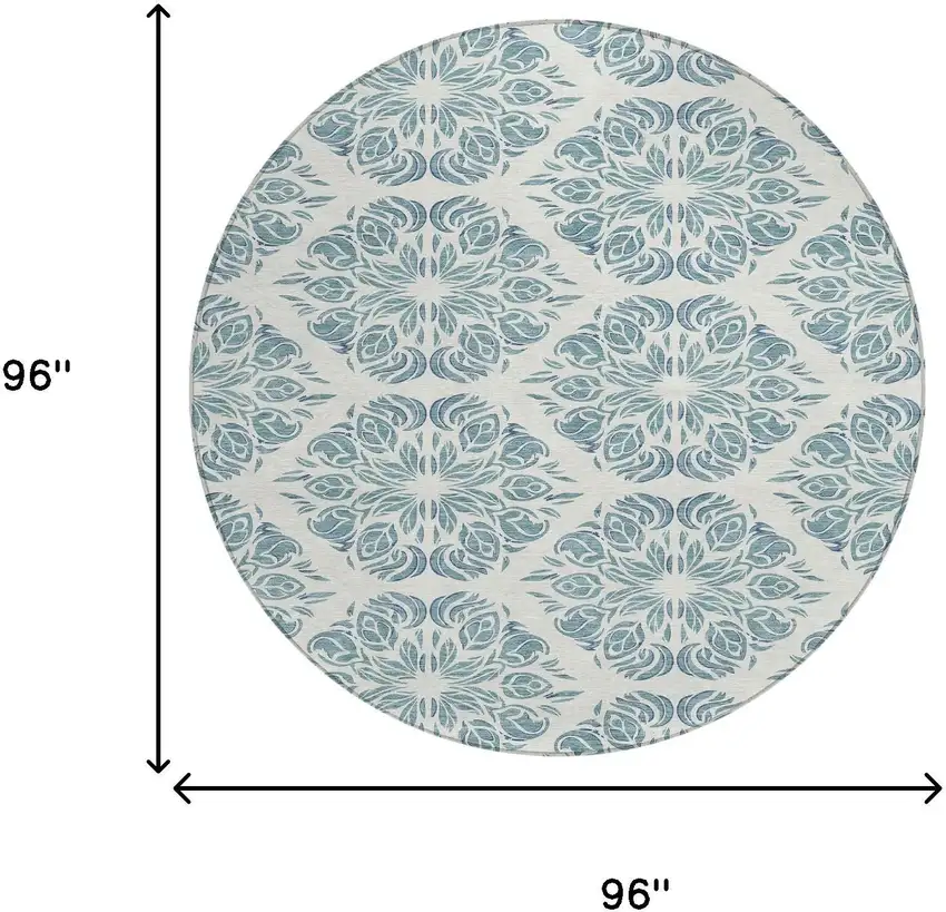 8' Teal Blue And Ivory Round Damask Washable Indoor Outdoor Area Rug Photo 8