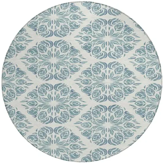 8' Teal Blue And Ivory Round Damask Washable Indoor Outdoor Area Rug Photo 3