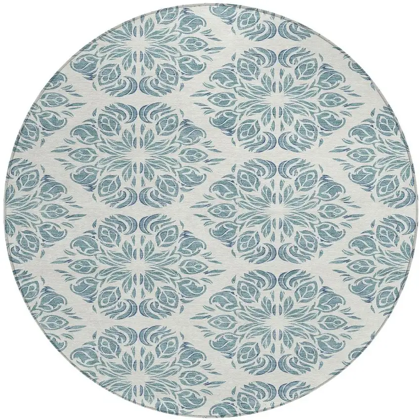 8' Teal Blue And Ivory Round Damask Washable Indoor Outdoor Area Rug Photo 3