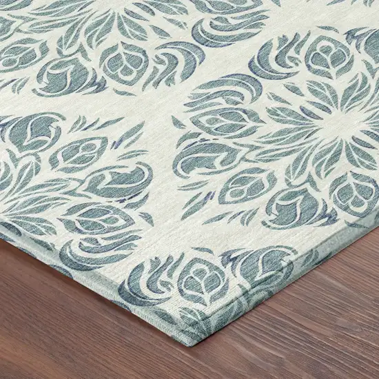 8' Teal Blue And Ivory Round Damask Washable Indoor Outdoor Area Rug Photo 6