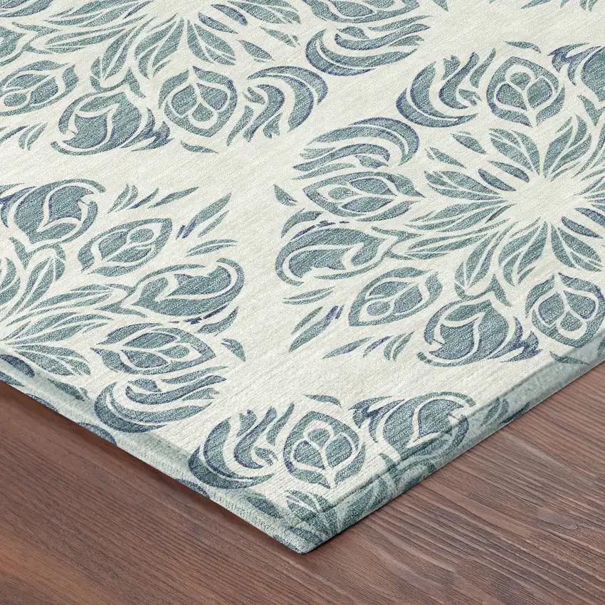 8' Teal Blue And Ivory Round Damask Washable Indoor Outdoor Area Rug Photo 6