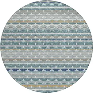 Photo of 8' Teal Blue And Ivory Round Damask Washable Indoor Outdoor Area Rug