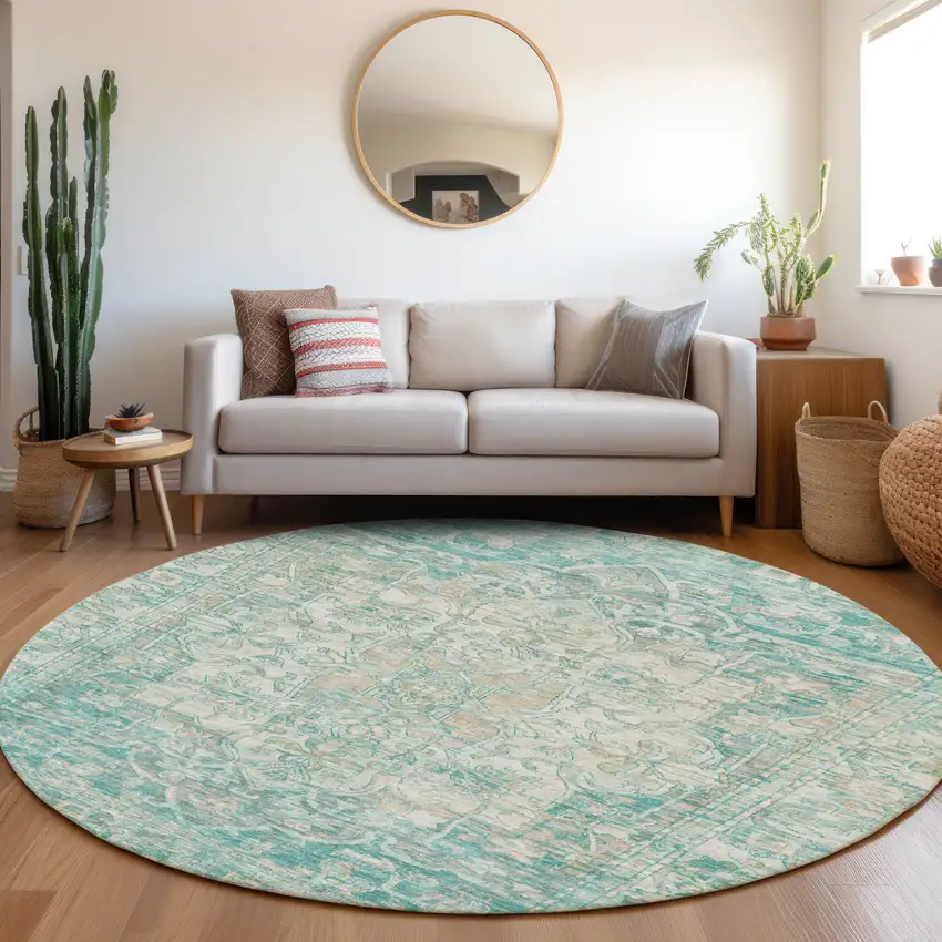 8' Teal Blue And Ivory Round Floral Medallion Washable Indoor Outdoor Area Rug Photo 6