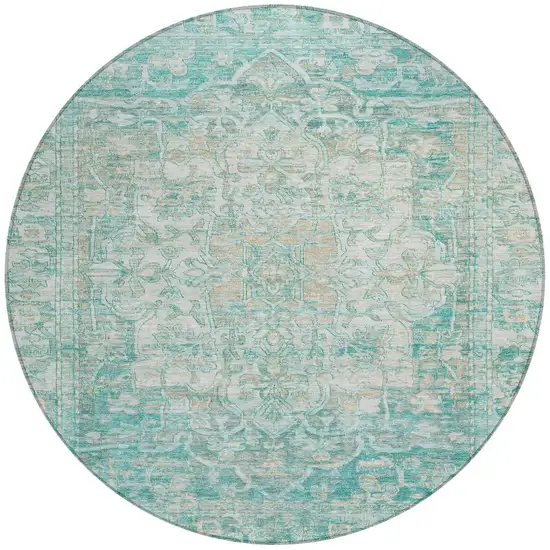 8' Teal Blue And Ivory Round Floral Medallion Washable Indoor Outdoor Area Rug Photo 3