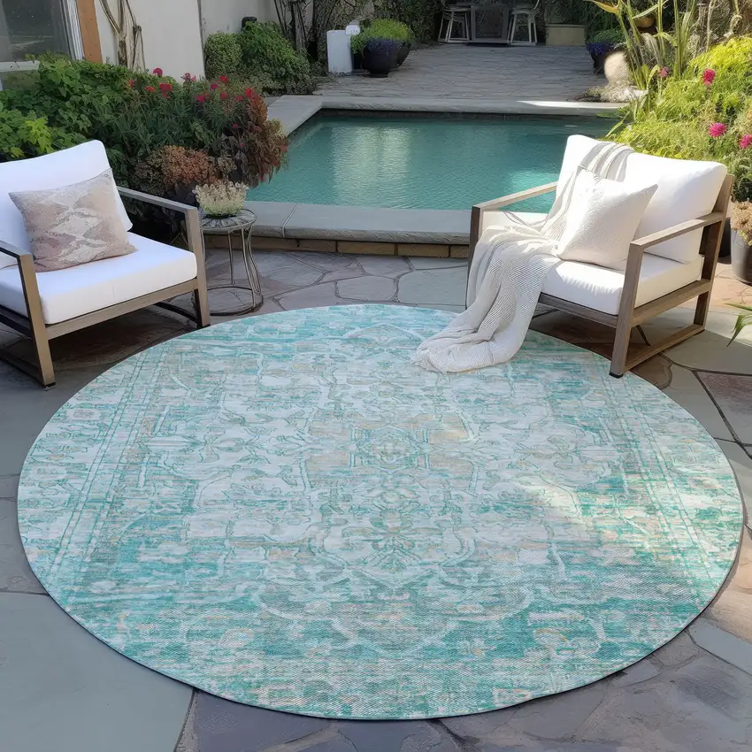 8' Teal Blue And Ivory Round Floral Medallion Washable Indoor Outdoor Area Rug Photo 5