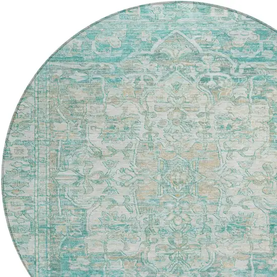8' Teal Blue And Ivory Round Floral Medallion Washable Indoor Outdoor Area Rug Photo 7