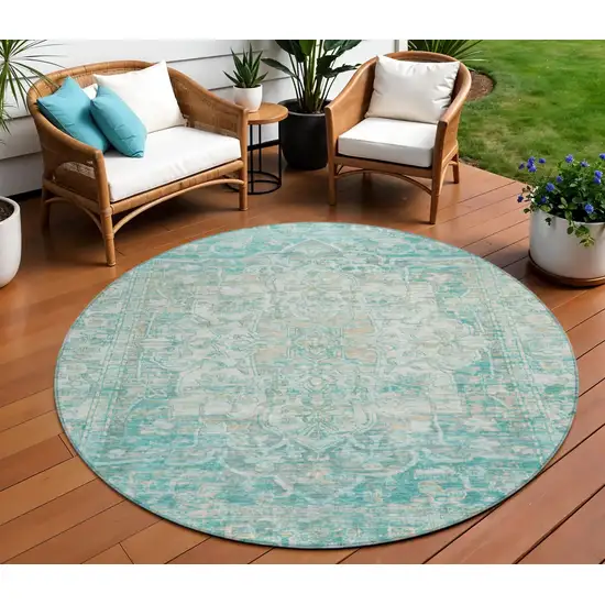 8' Teal Blue And Ivory Round Floral Medallion Washable Indoor Outdoor Area Rug Photo 2