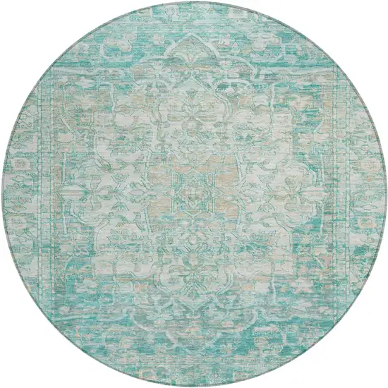 8' Teal Blue And Ivory Round Floral Medallion Washable Indoor Outdoor Area Rug Photo 1