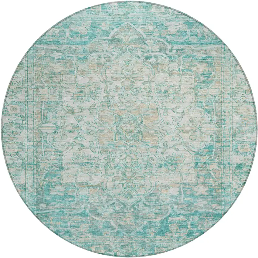 8' Teal Blue And Ivory Round Floral Medallion Washable Indoor Outdoor Area Rug Photo 1