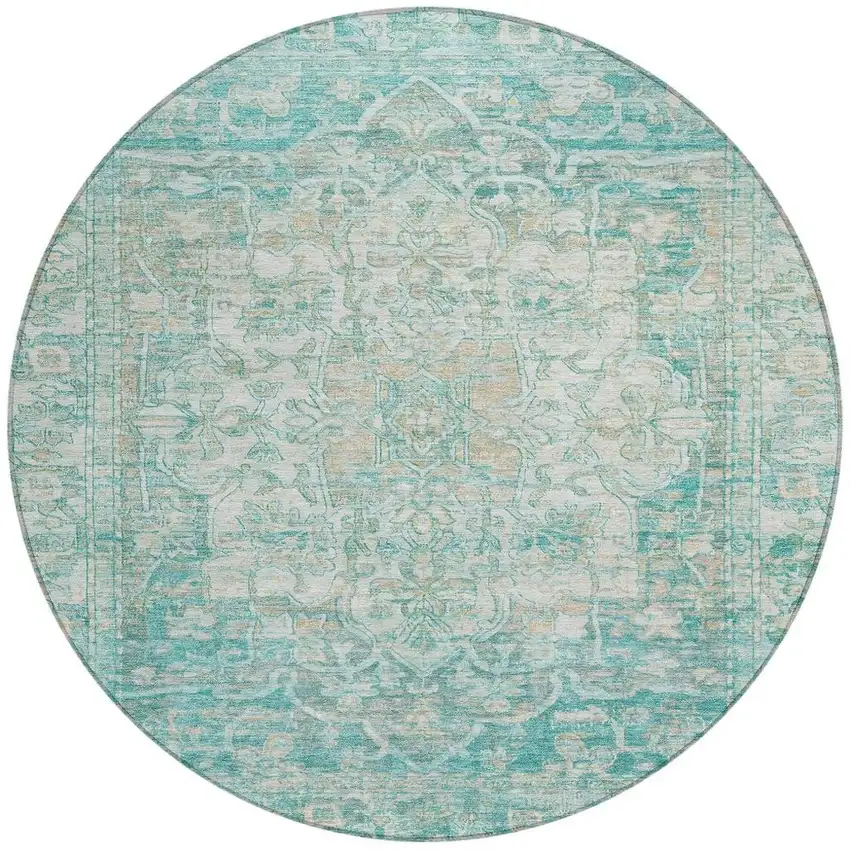 8' Teal Blue And Ivory Round Floral Medallion Washable Indoor Outdoor Area Rug Photo 4