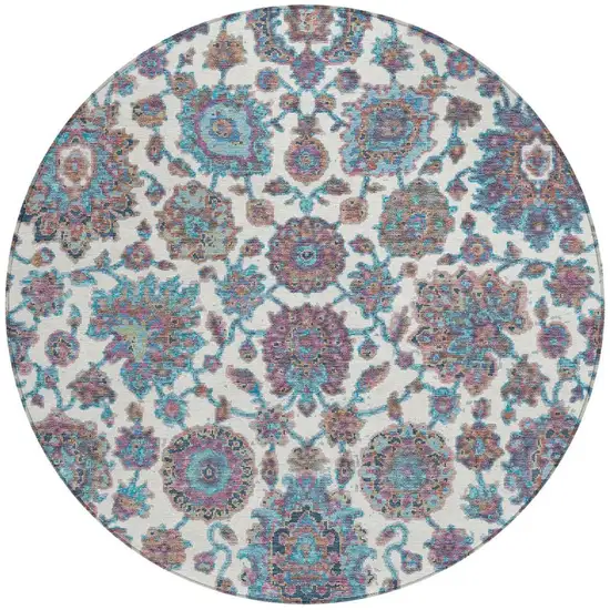 8' Teal Blue And Ivory Round Floral Medallion Washable Indoor Outdoor Area Rug Photo 4