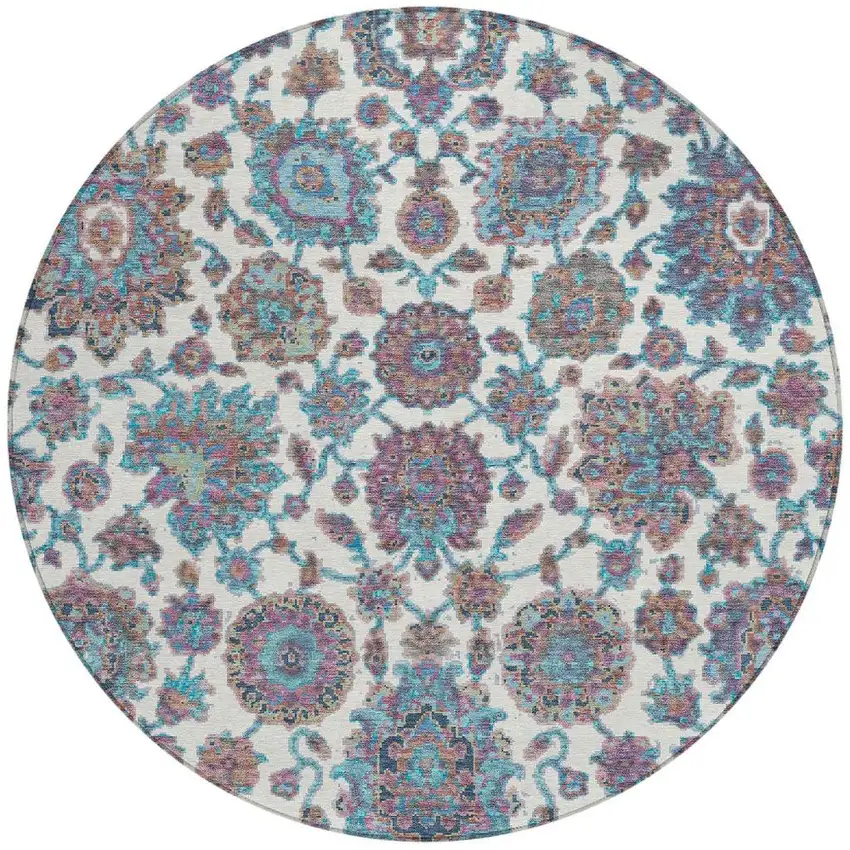 8' Teal Blue And Ivory Round Floral Medallion Washable Indoor Outdoor Area Rug Photo 4