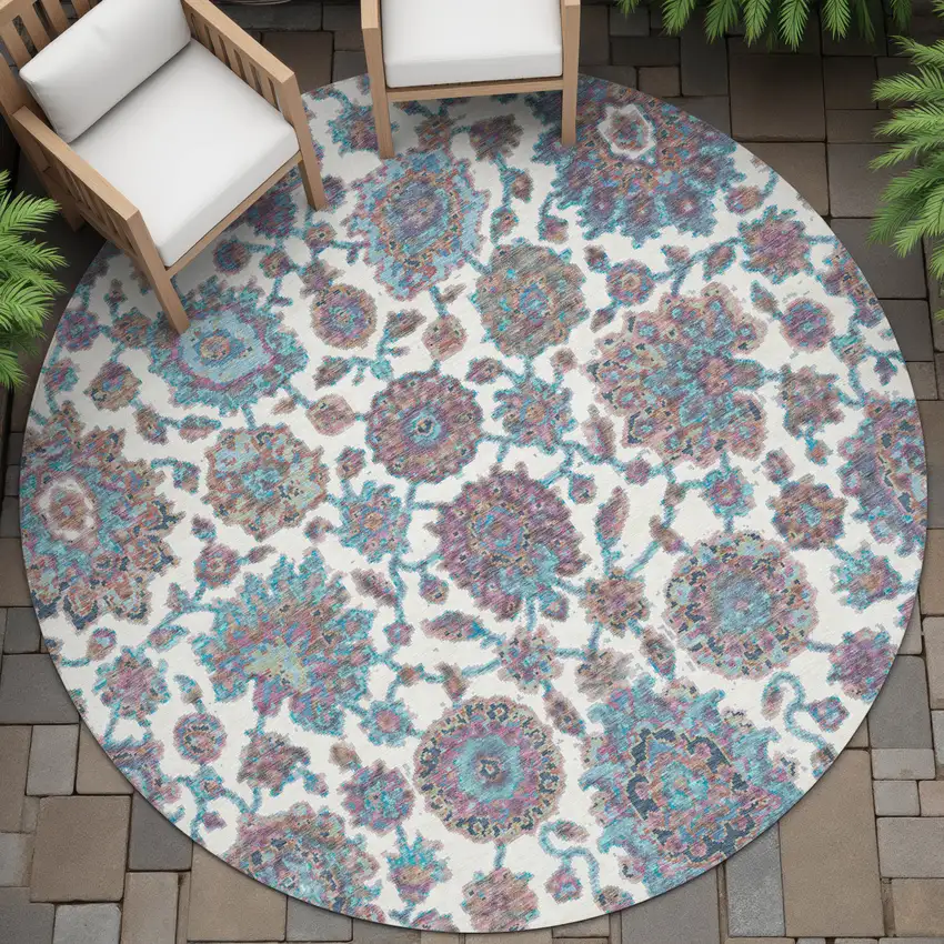 8' Teal Blue And Ivory Round Floral Medallion Washable Indoor Outdoor Area Rug Photo 9