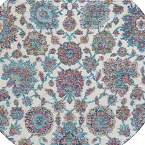 8' Teal Blue And Ivory Round Floral Medallion Washable Indoor Outdoor Area Rug Photo 5