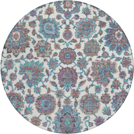 8' Teal Blue And Ivory Round Floral Medallion Washable Indoor Outdoor Area Rug Photo 1