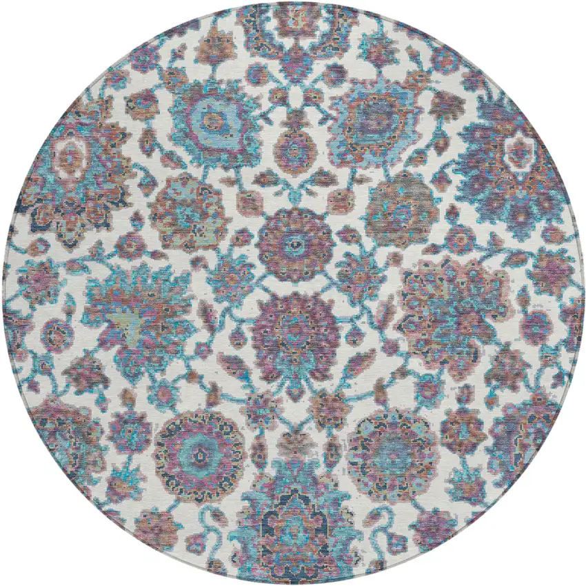 8' Teal Blue And Ivory Round Floral Medallion Washable Indoor Outdoor Area Rug Photo 1