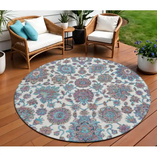8' Teal Blue And Ivory Round Floral Medallion Washable Indoor Outdoor Area Rug Photo 2
