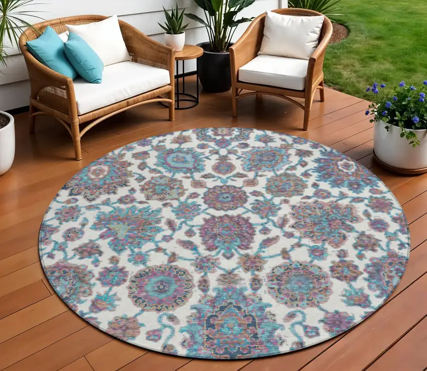8' Teal Blue And Ivory Round Floral Medallion Washable Indoor Outdoor Area Rug Photo 2