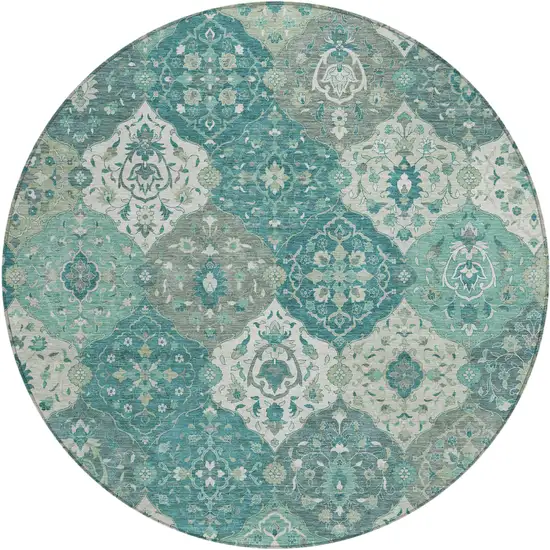 8' Teal Blue And Ivory Round Floral Medallion Washable Indoor Outdoor Area Rug Photo 2