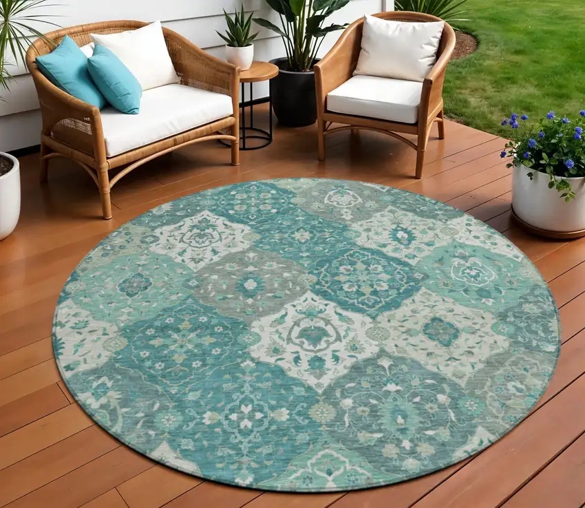 8' Teal Blue And Ivory Round Floral Medallion Washable Indoor Outdoor Area Rug Photo 1